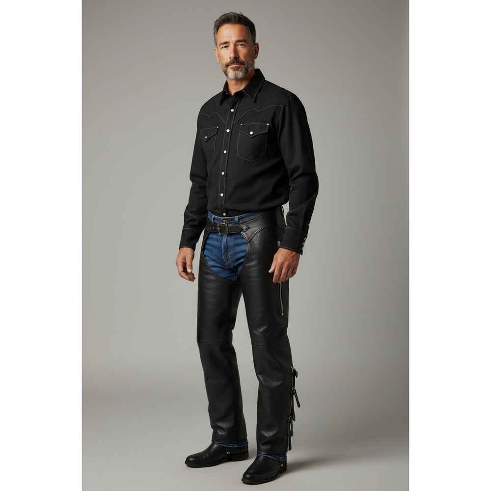 Universal Rider Leather Biker Riding Motorcycle Chaps Black Mens Size Large Moto